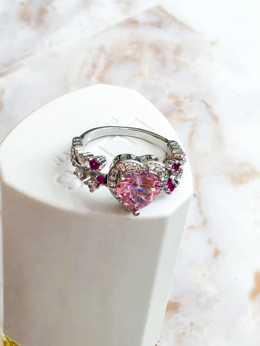 Luxury Pink Heart Zircon Ring Size 7.5 Silver Halo & Floral Band